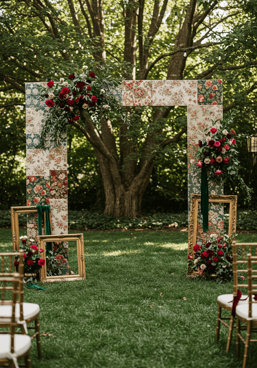 Bohemian wedding arch made from patchwork of vintage wallpapers with roses and antique chairs