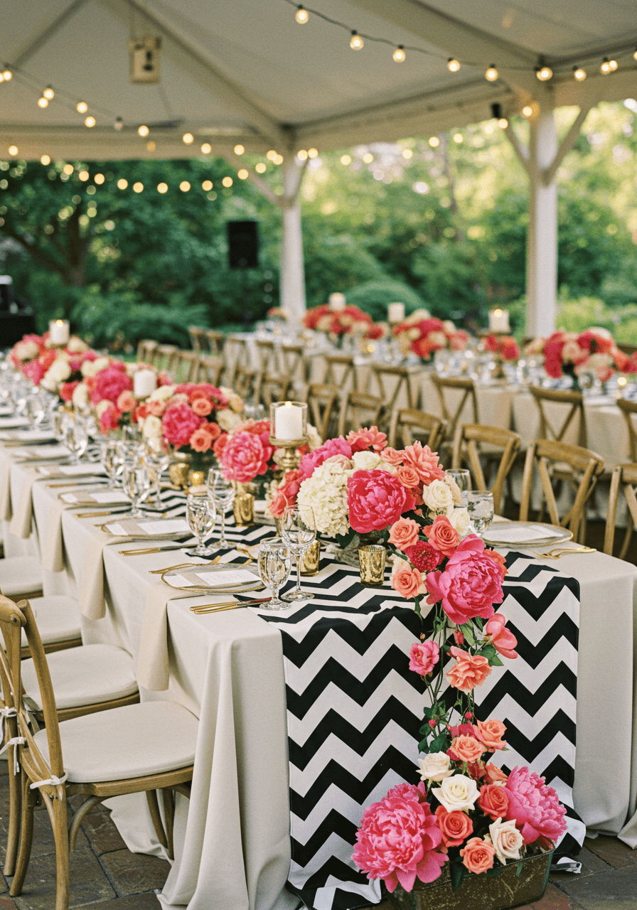 Bold fuchsia peony table runners layered over black and white chevron patterns in elegant garden pavilion