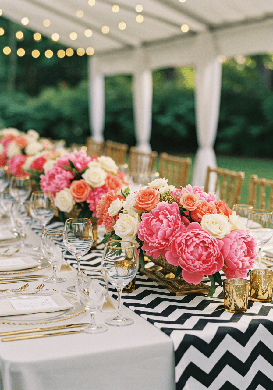 Close-up of geometric chevron pattern beneath cascading coral peonies and white roses