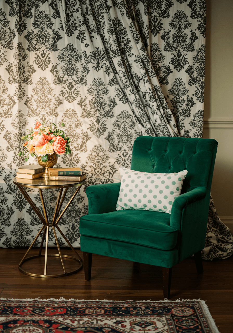 Emerald green velvet tufted armchair with black and white damask backdrop and polka dot cushions