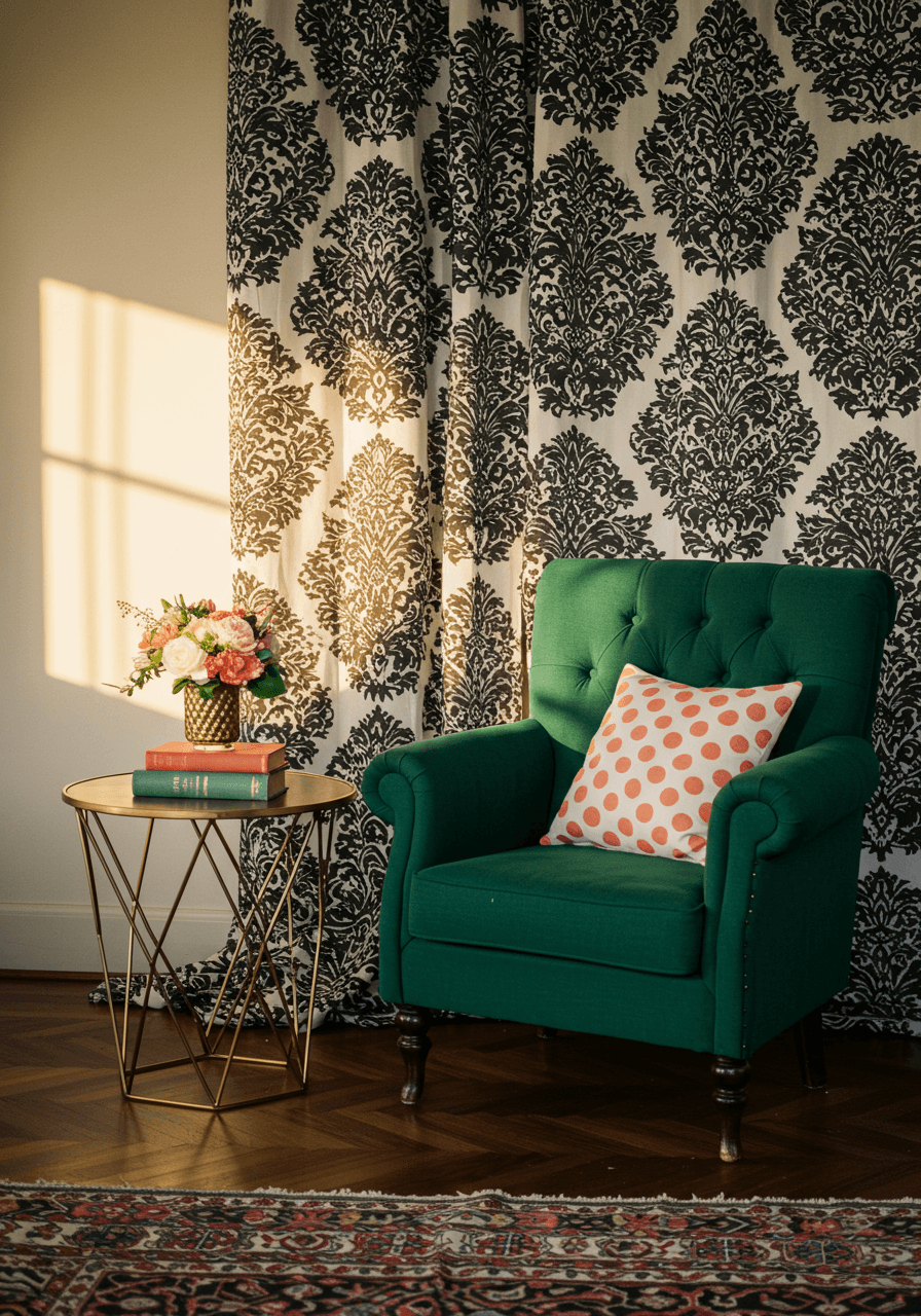 Wide view of elegant wedding lounge corner with brass geometric table and Persian rug