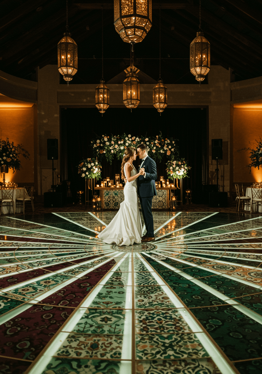 Bride and groom dancing on geometric floor with houndstooth and Moroccan tile patterns