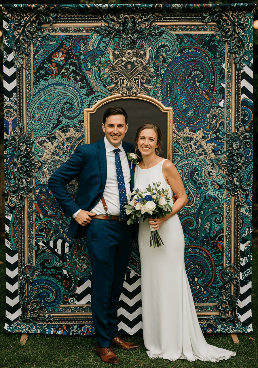 Wedding photo booth backdrop with emerald paisley patterns mixed with black and white geometric shapes