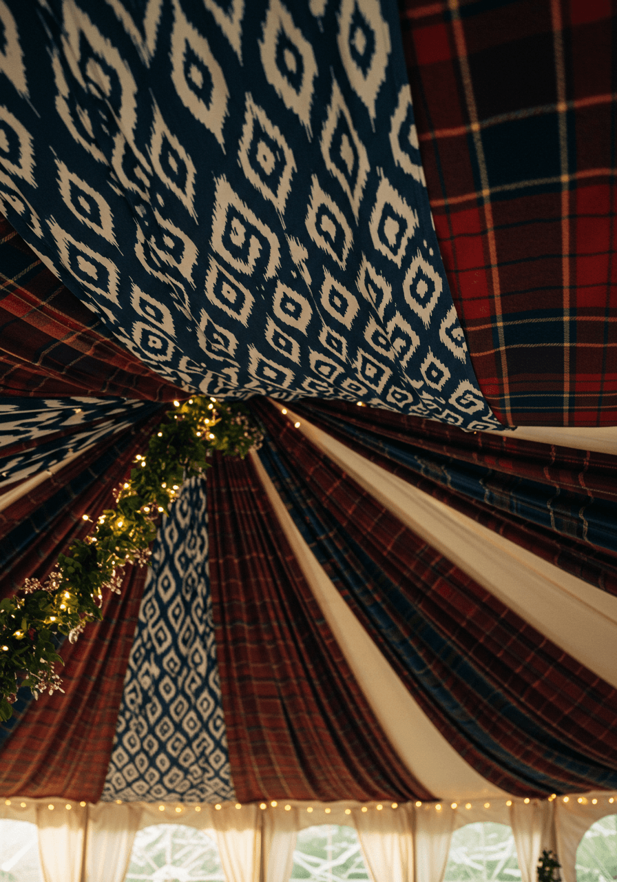 Detail of ikat diamond patterns intersecting with red and navy tartan fabric panels