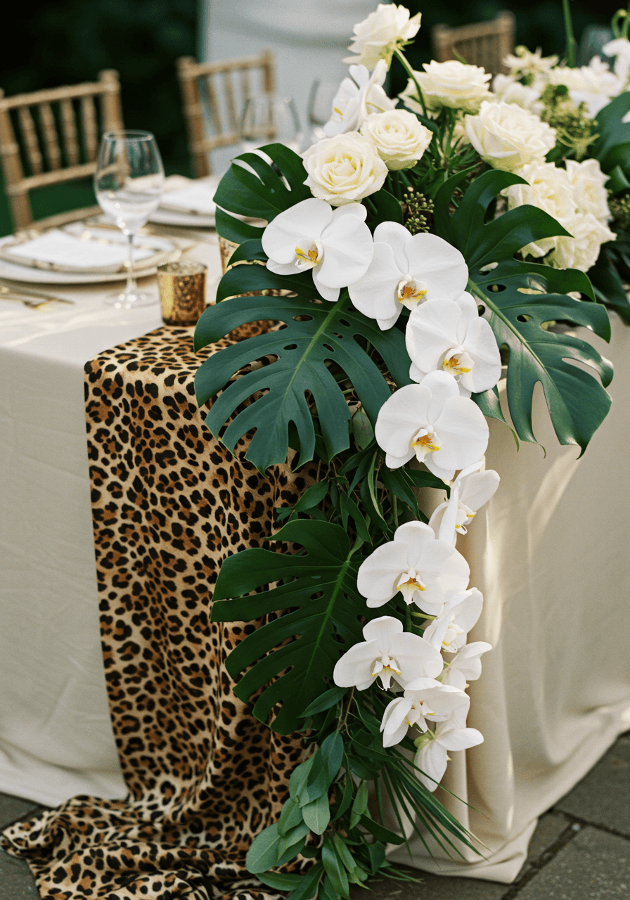 Leopard print silk runners with cascading monstera leaves and white orchids on marble pedestals