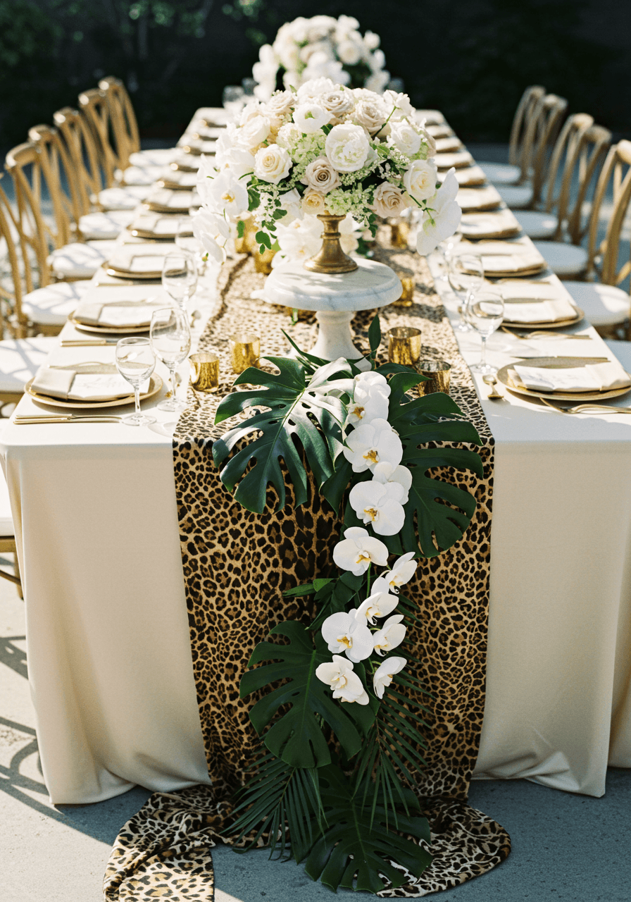 Banquet table with tropical orchid arrangements spilling from marble stands over leopard pattern