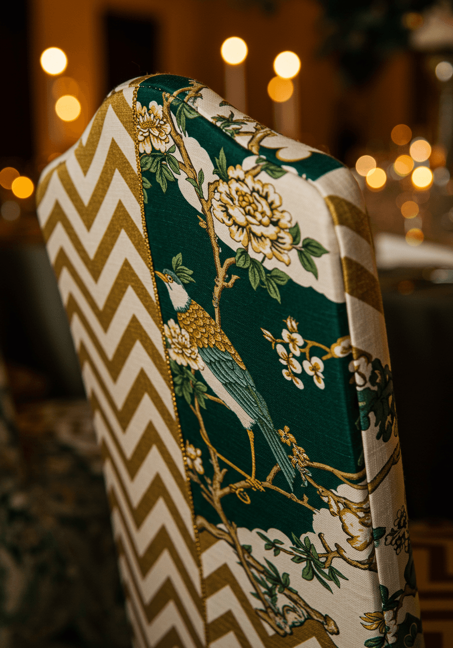 Close-up of reception chair showing gold chevron seat and emerald Chinoiserie back with hand-painted birds