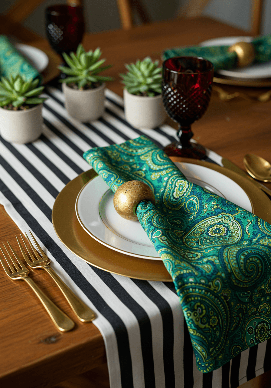 Black and white striped table runner with emerald green paisley napkins and gold-rimmed dinner plates