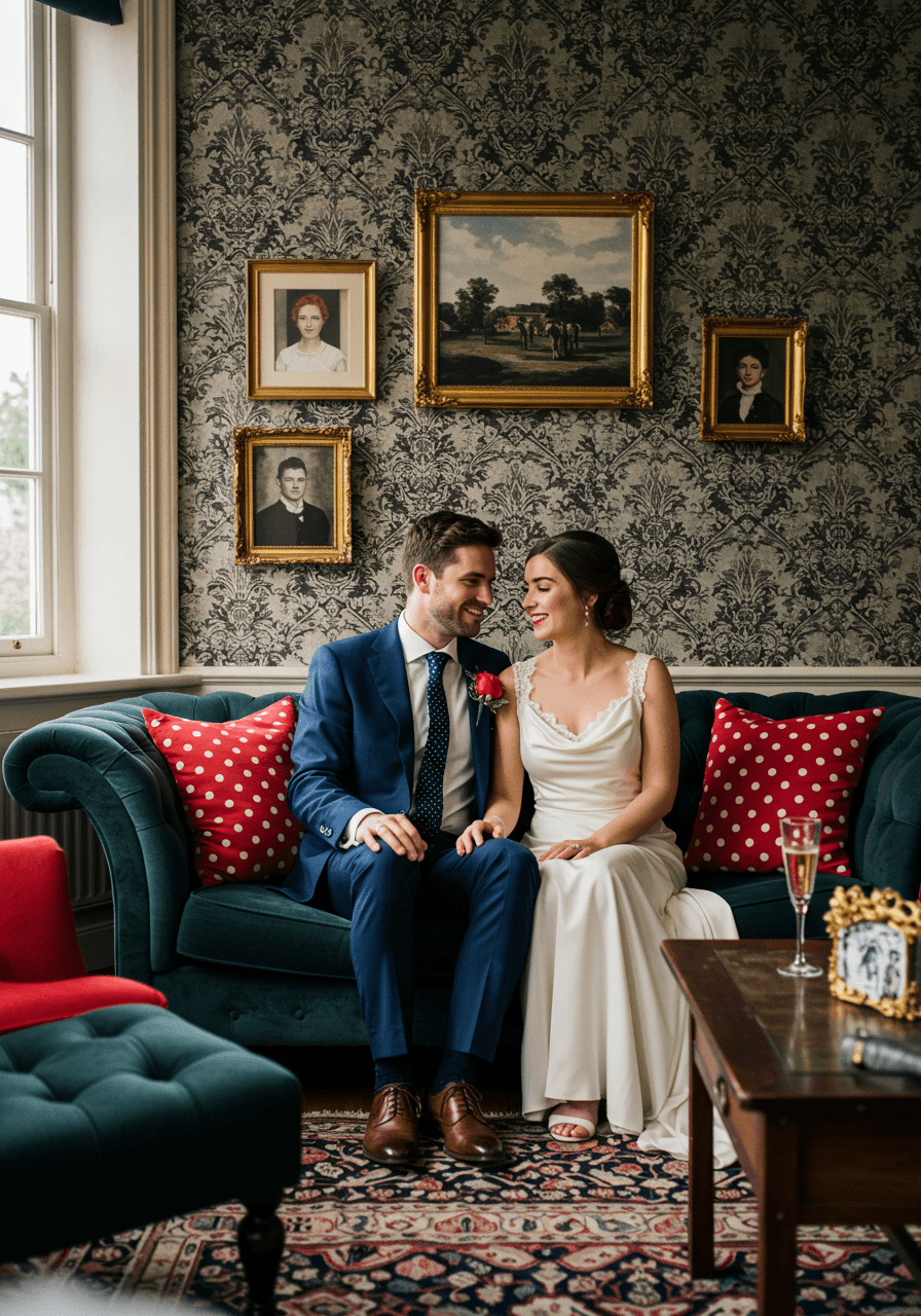 Bride and groom on plush velvet sofa against black and white damask wallpaper with red polka dot pillows