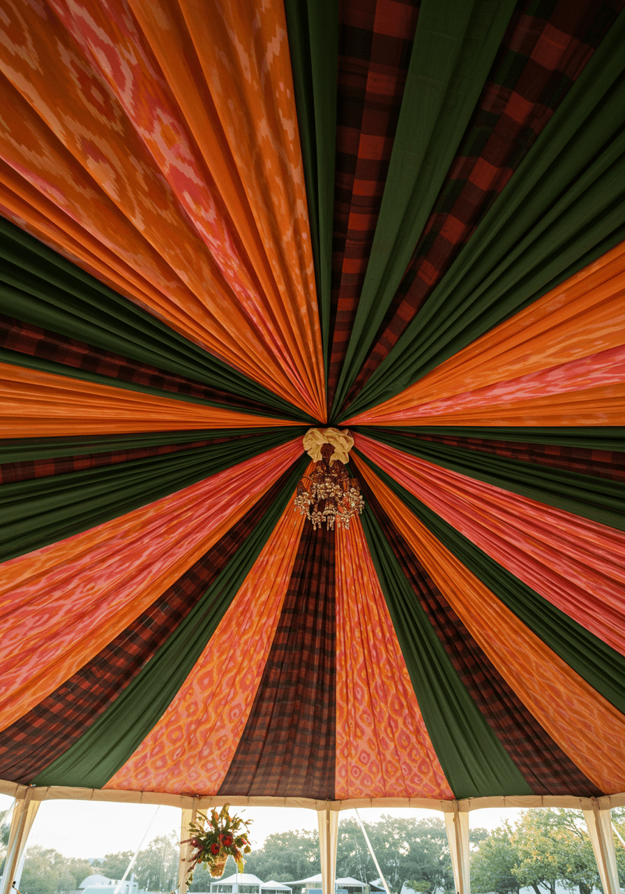 Overhead view of maximalist fabric canopy with metallic gold tie-backs and jewel tones