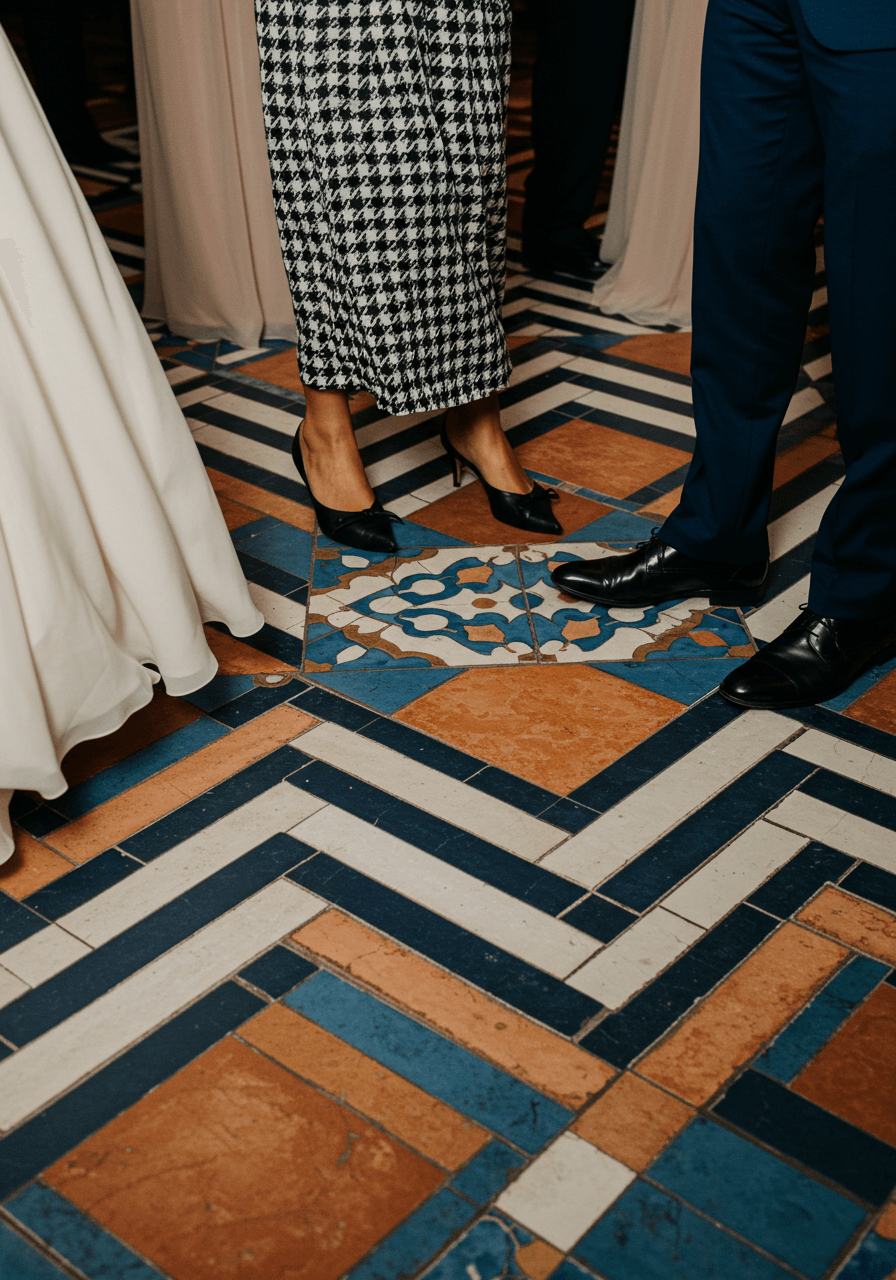 Ornate dance floor detail showing Moroccan zellige tiles blending with houndstooth patterns and guests' feet