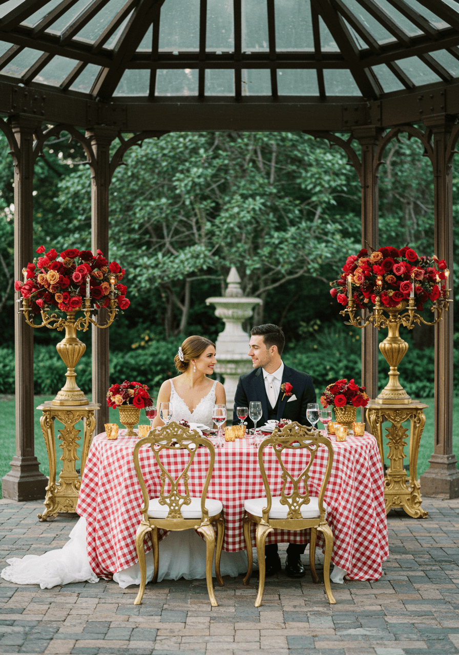 Bride and groom at gingham sweetheart table with golden Baroque candelabras in garden pavilion