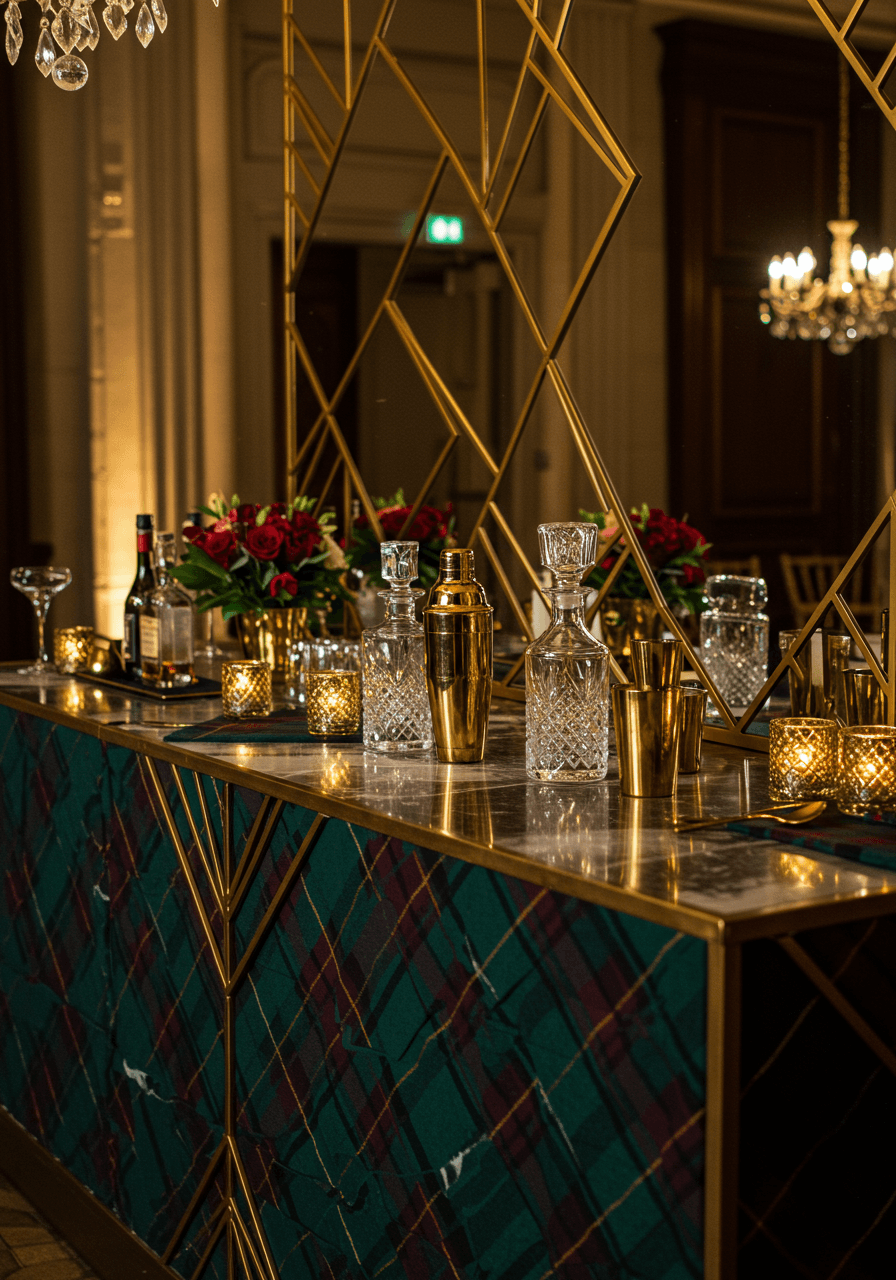 Sophisticated bar setup with tartan runners intersecting Art Deco mirror panels and metallic accents