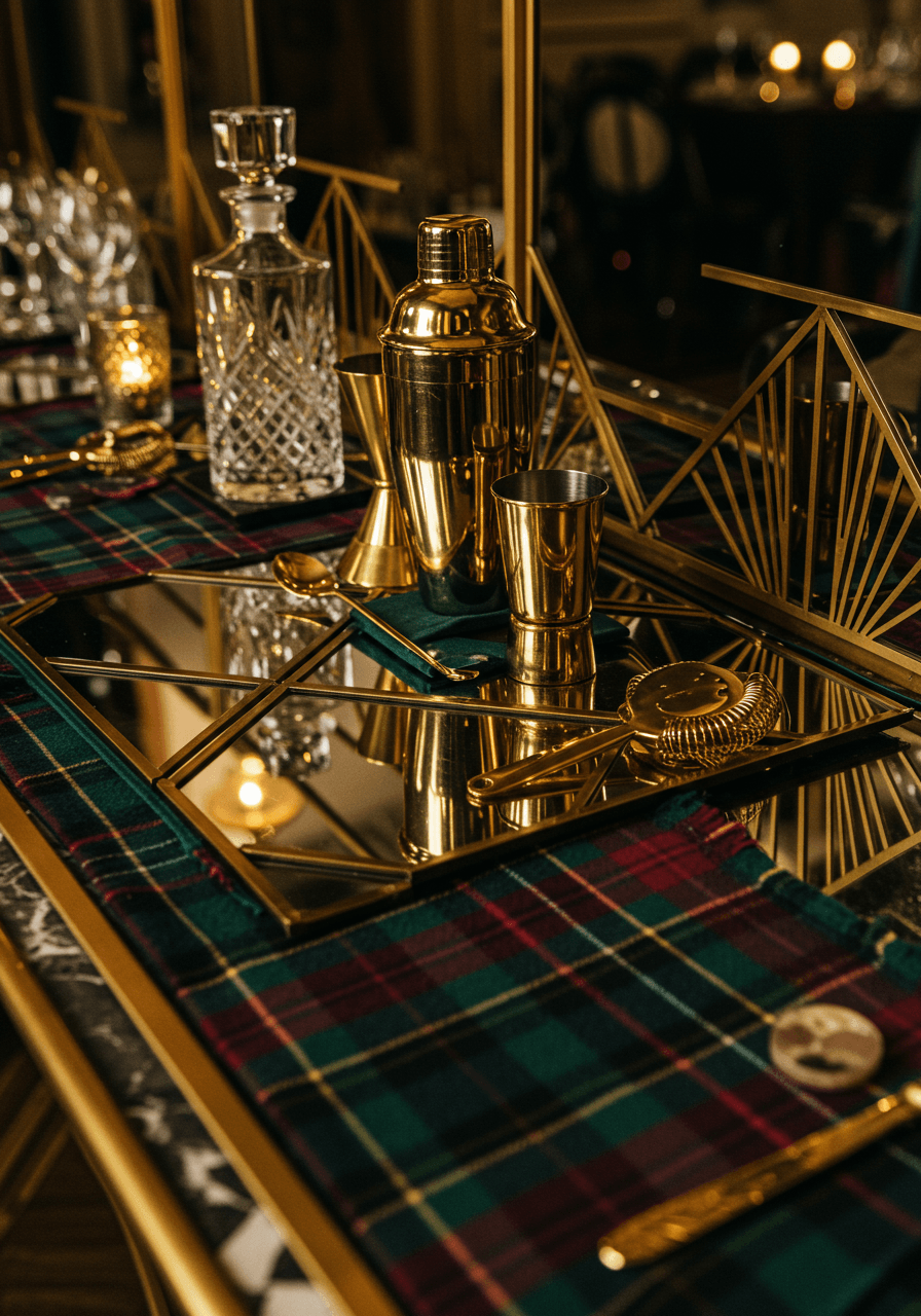 Detail of brass cocktail shakers and crystal decanters against tartan and geometric patterns