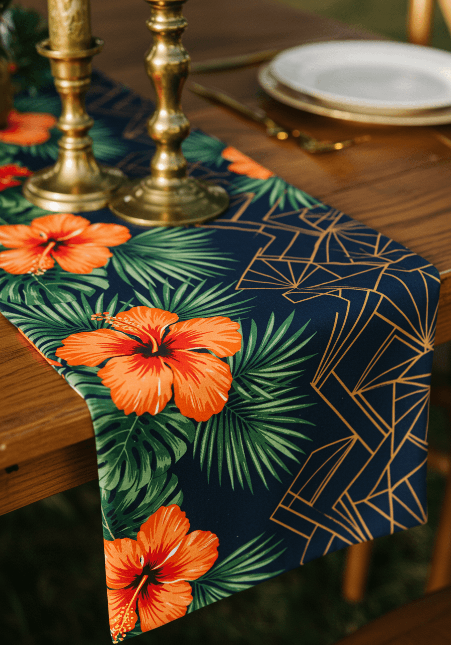 Tropical orange hibiscus pattern overlaying Art Deco gold and navy geometric triangular motifs on rustic farm table