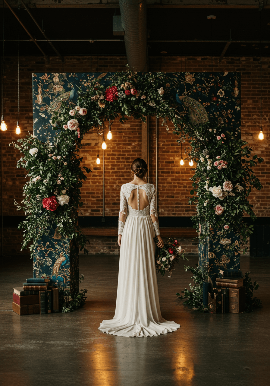 Bride in ivory gown standing beneath elaborate vintage wallpaper arch with peacock and chinoiserie patterns