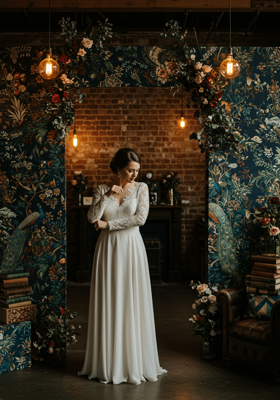 Portrait of bride with lace sleeves against industrial loft backdrop with hanging Edison bulbs
