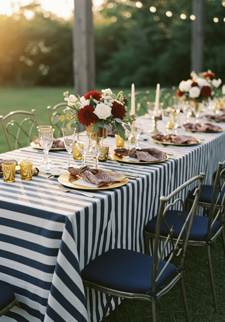 Wedding reception table with navy and white striped linens and burgundy paisley napkins in garden setting