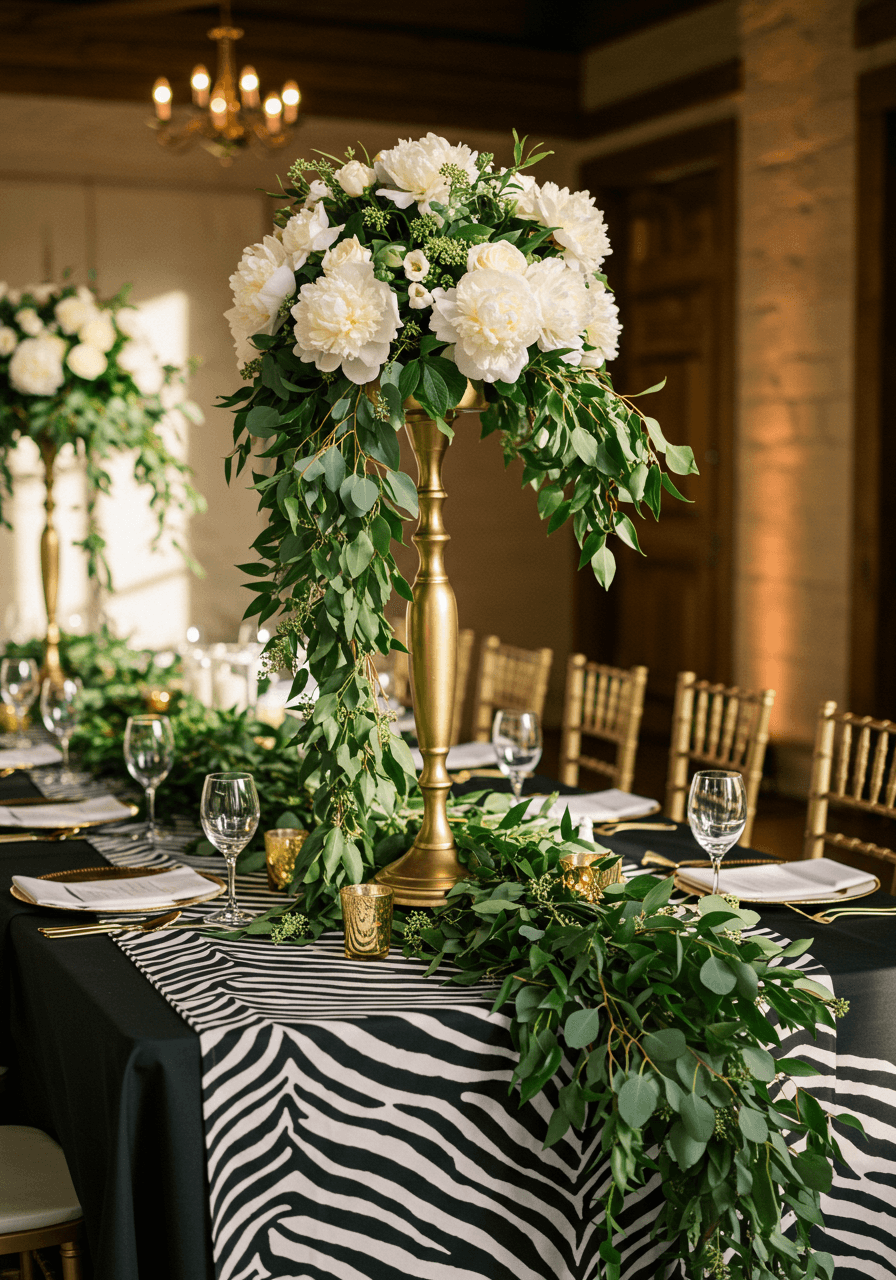 Zebra print table runners with eucalyptus garlands and white peonies in gold vases