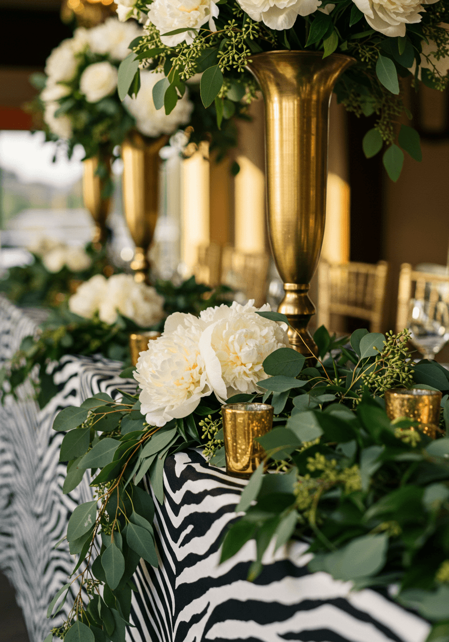 Close-up of gold vase arrangement with white peonies against zebra stripe pattern