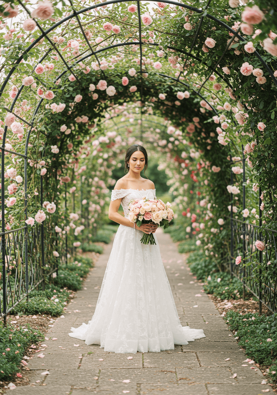 Bride walking along rose-lined garden pathway in flowing wedding dress