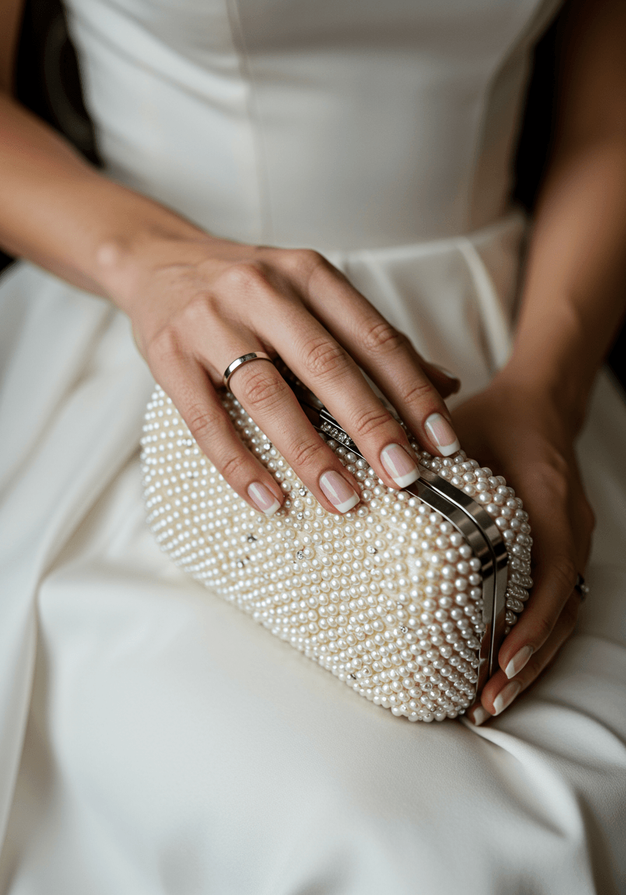 Detailed shot of pearl-embellished wedding clutch with polished silver hardware held delicately