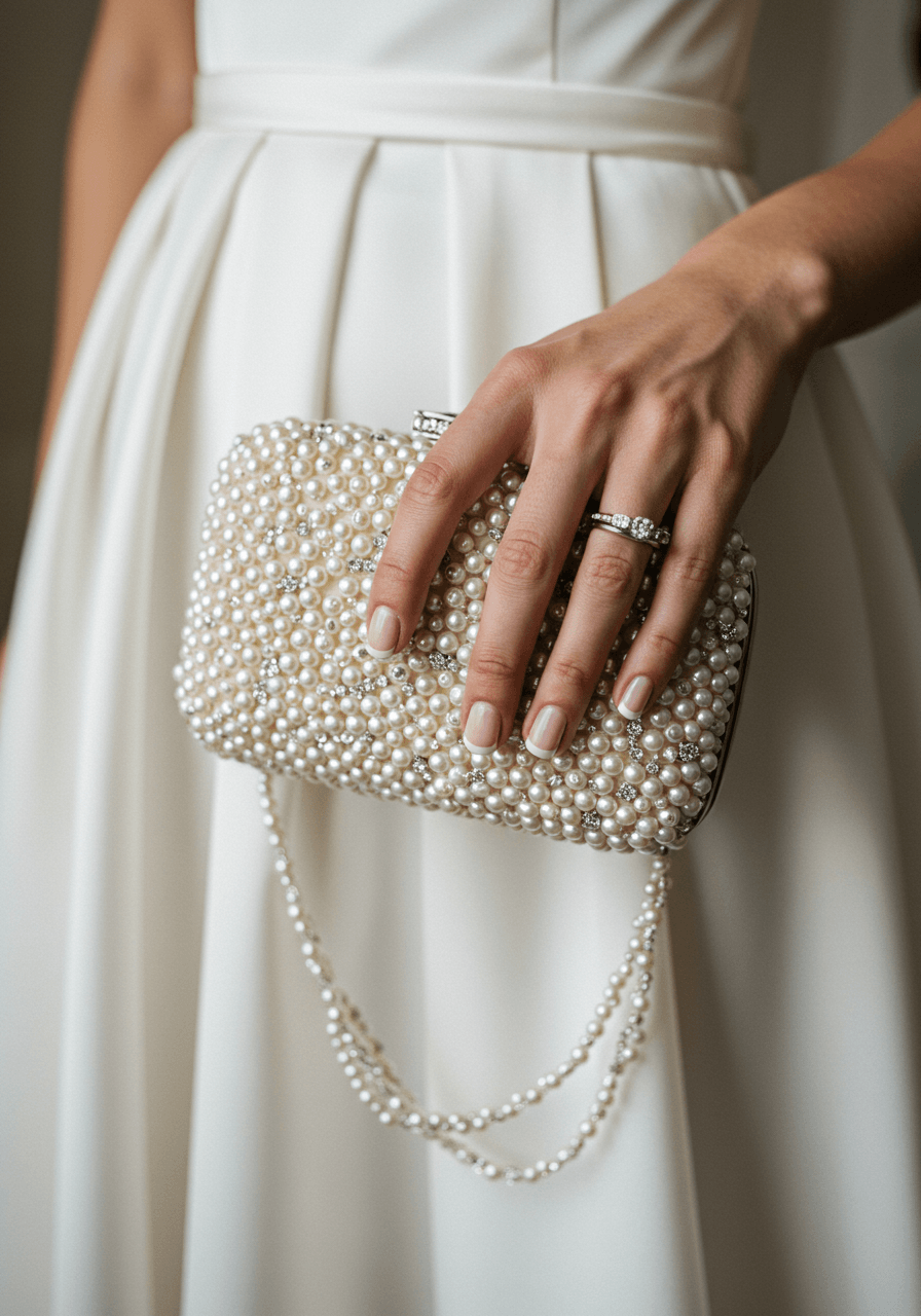 Bride's hand holding luxurious pearl-encrusted ivory clutch against satin wedding dress fabric