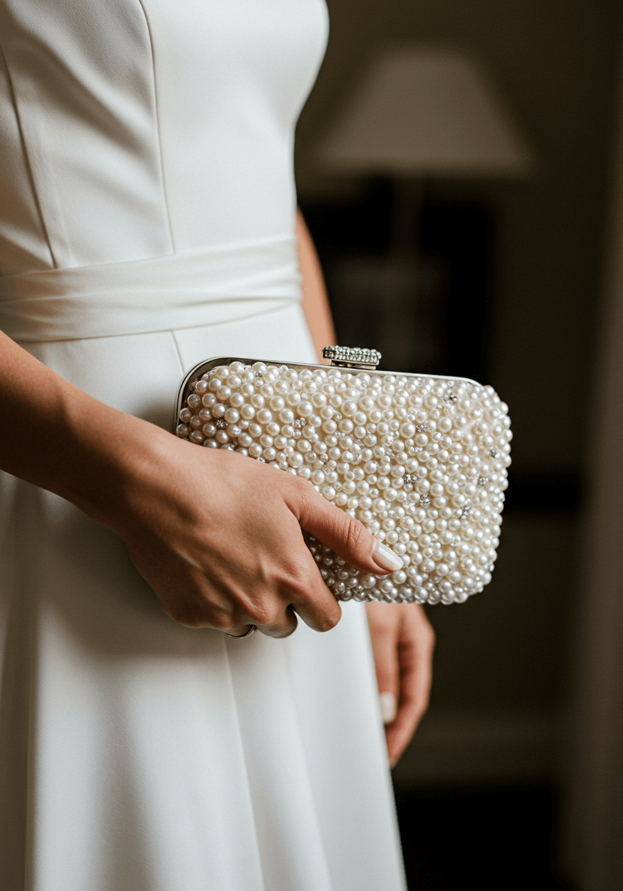 Intimate bridal detail showcasing shimmering pearl clutch and flawless manicure against ivory satin