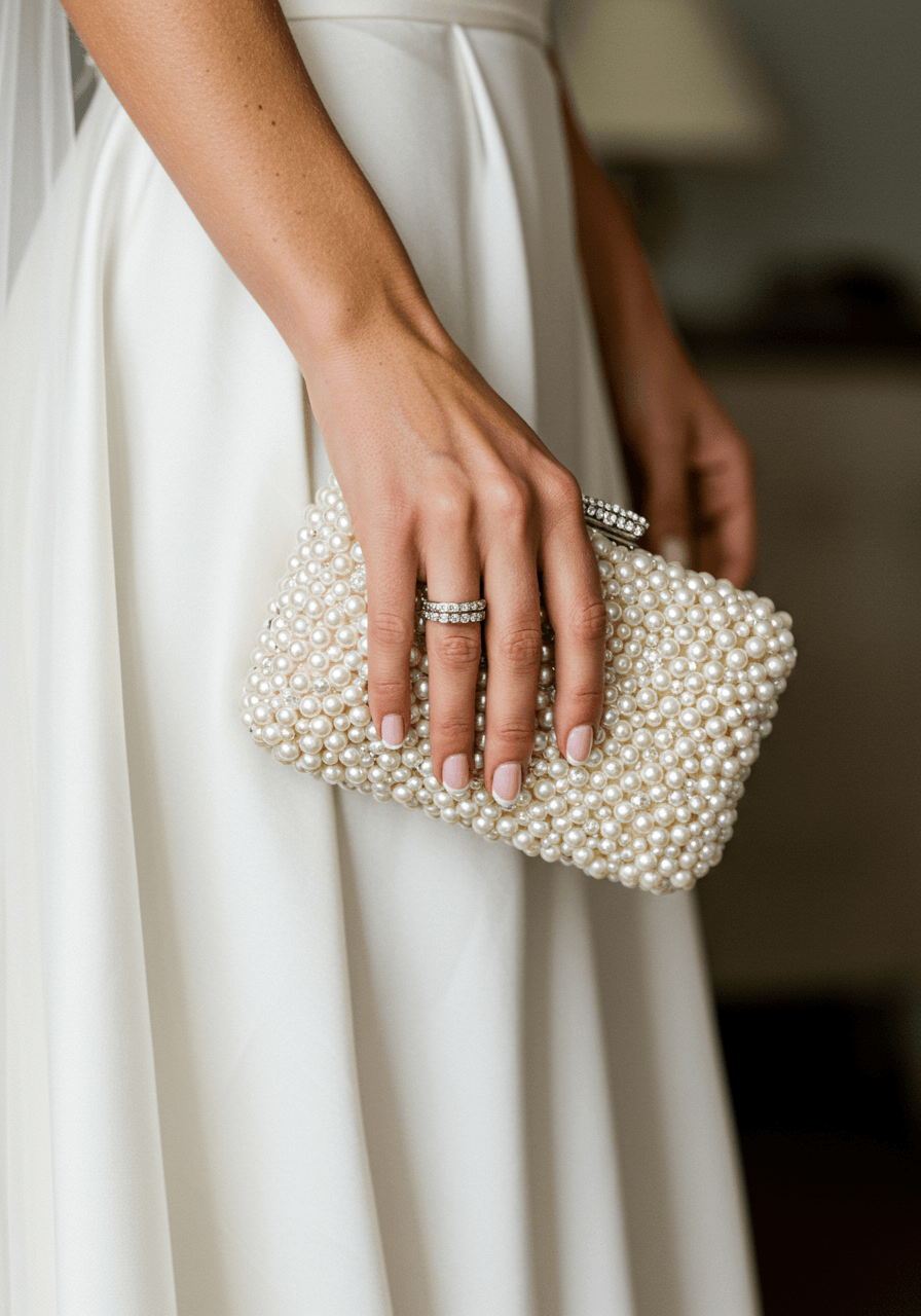 Close-up of elegant bridal accessories featuring ivory pearls and silver clasp against smooth dress texture