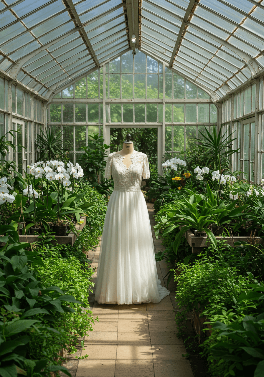 Timeless A-line bridal dress with intricate lace detailing showcased among lush greenery and white orchids