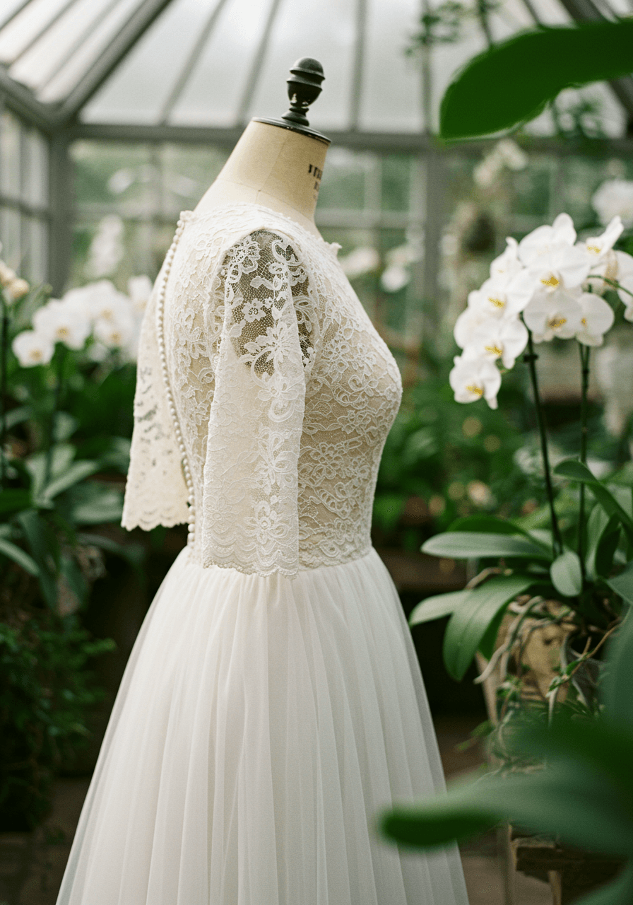 Ivory lace wedding gown with flowing tulle skirt in botanical conservatory setting with natural lighting