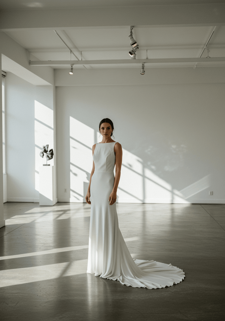 Minimalist architectural wedding gown with clean lines in modern white art gallery with polished concrete floors