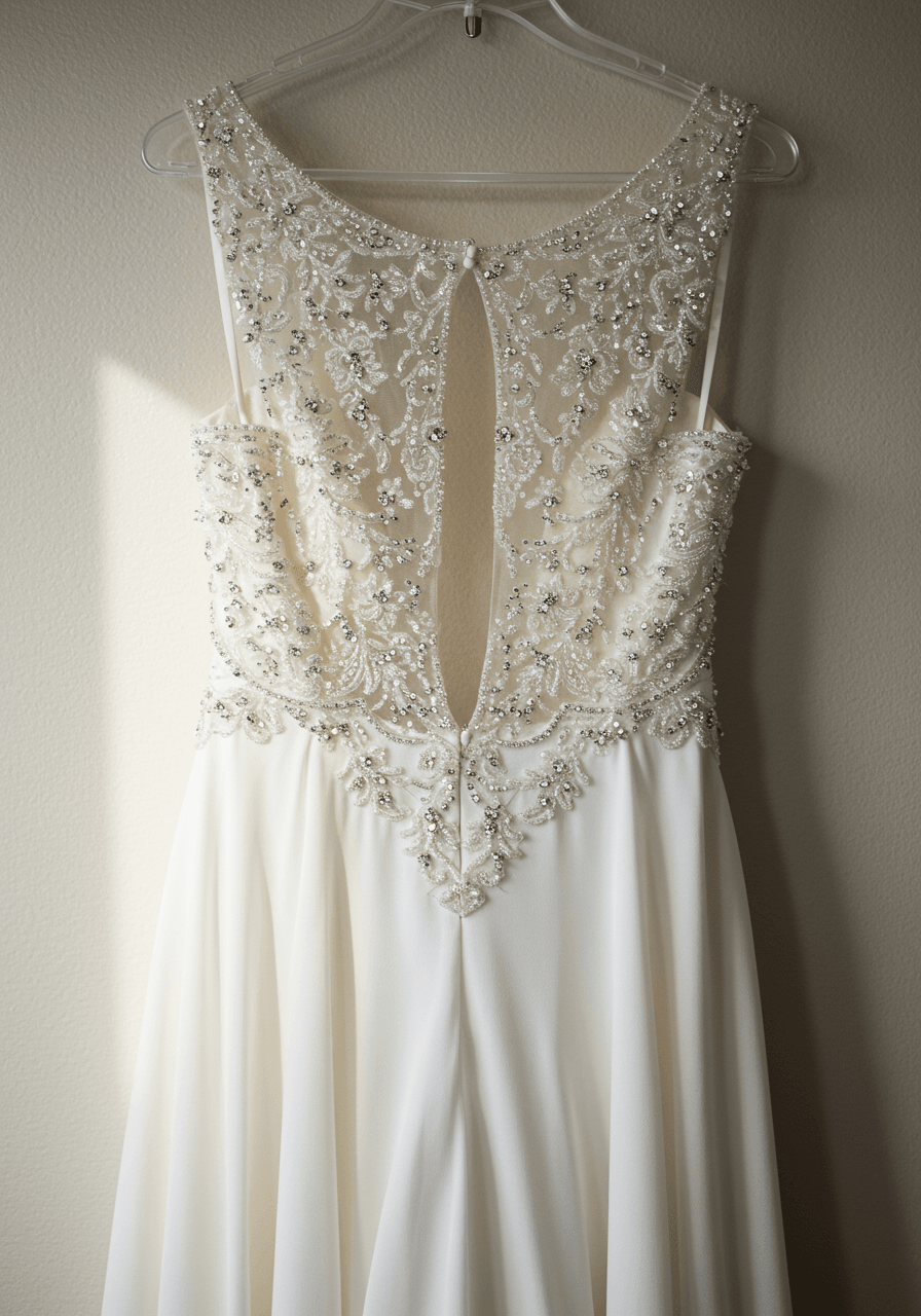 Close-up detail of shimmering micro-sequins and crystal beading on wedding dress in natural lighting