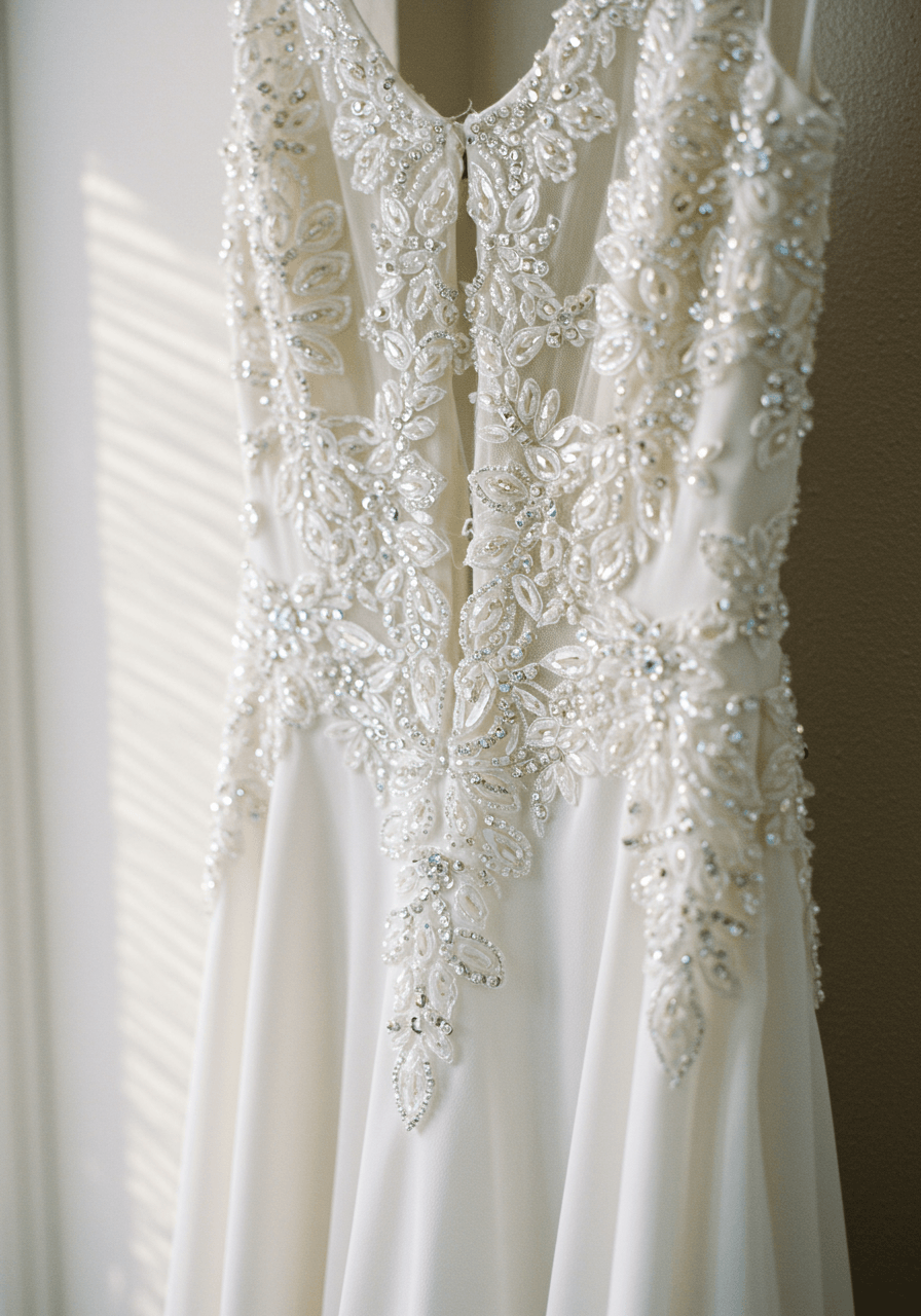 Intricate beadwork and sequin embellishments cascading down illusion back of ivory crepe wedding gown