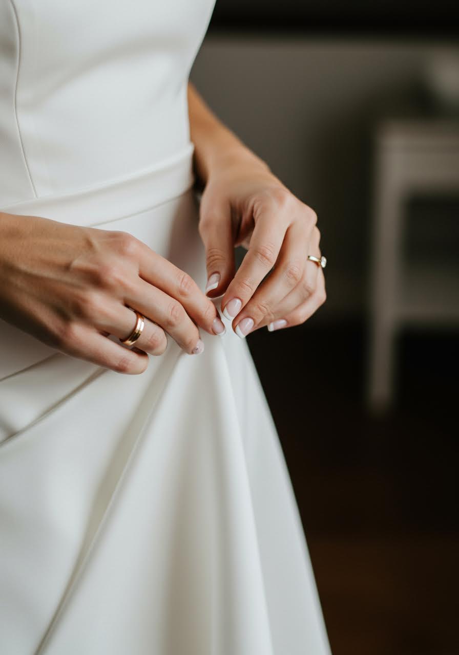Close-up of French manicured white nails with gold wedding band in elegant bridal suite