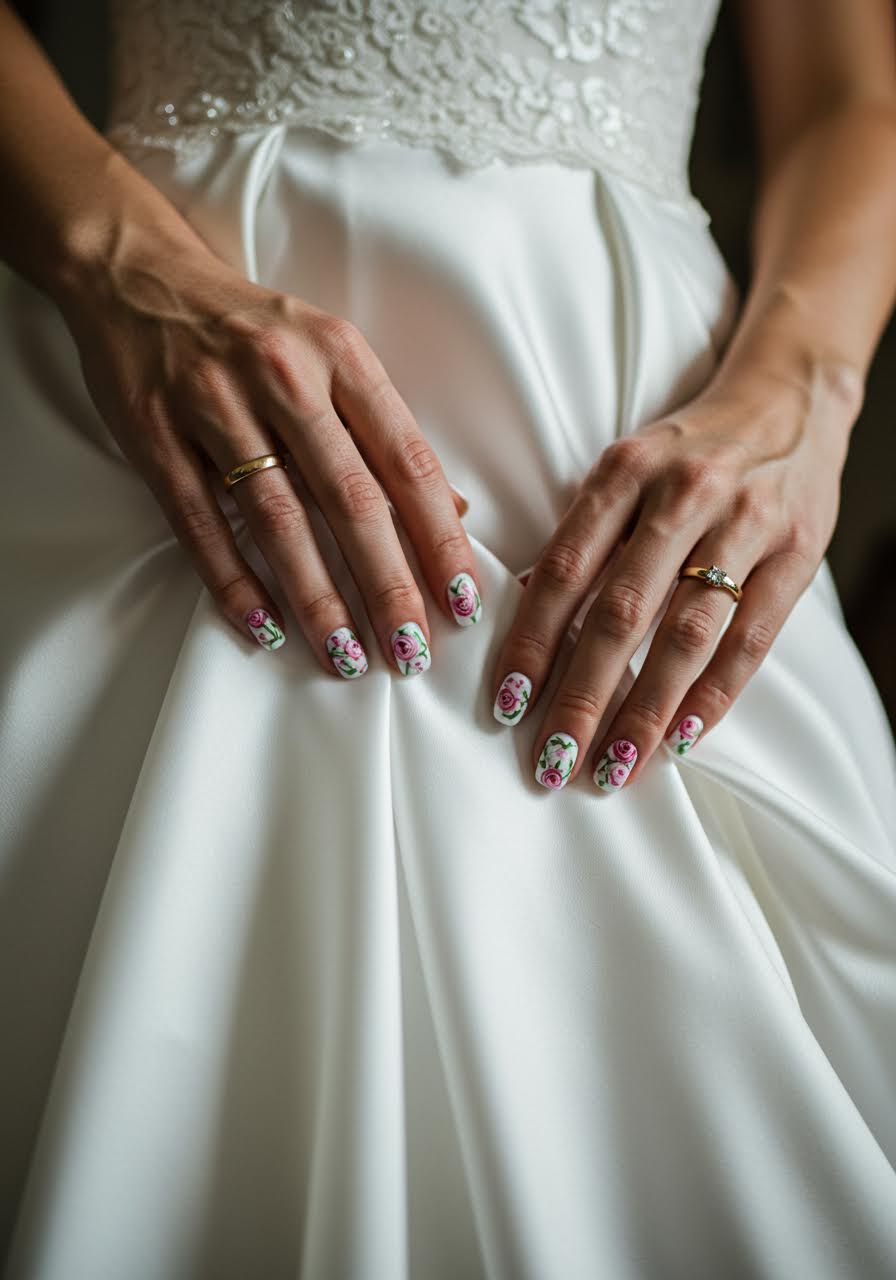 Intricate floral nail art with hand-painted pink roses on white base polish