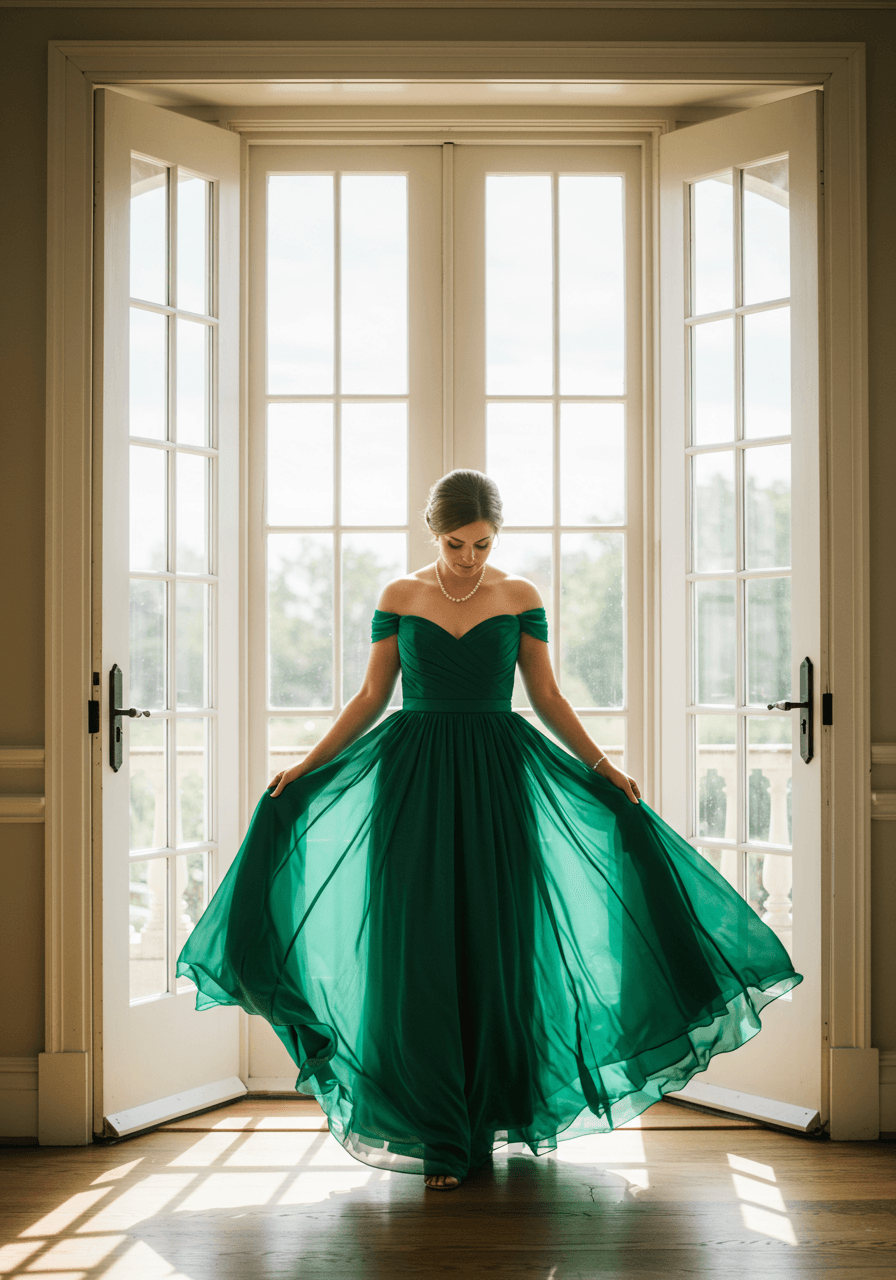 Wide shot of bridesmaid in flowing emerald green off-shoulder dress against classic French doors backdrop