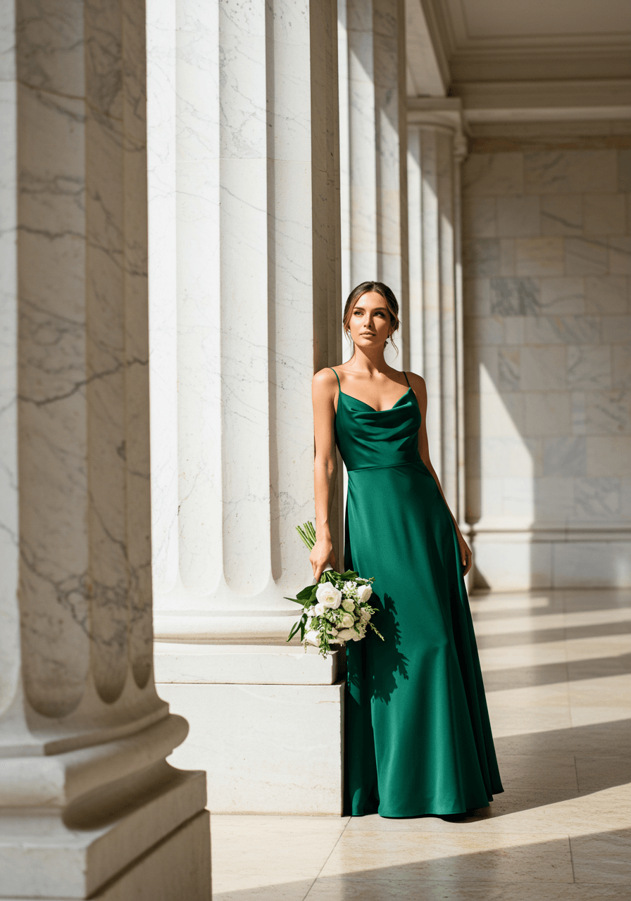 Bridesmaid in emerald green satin spaghetti strap dress posed elegantly against marble column