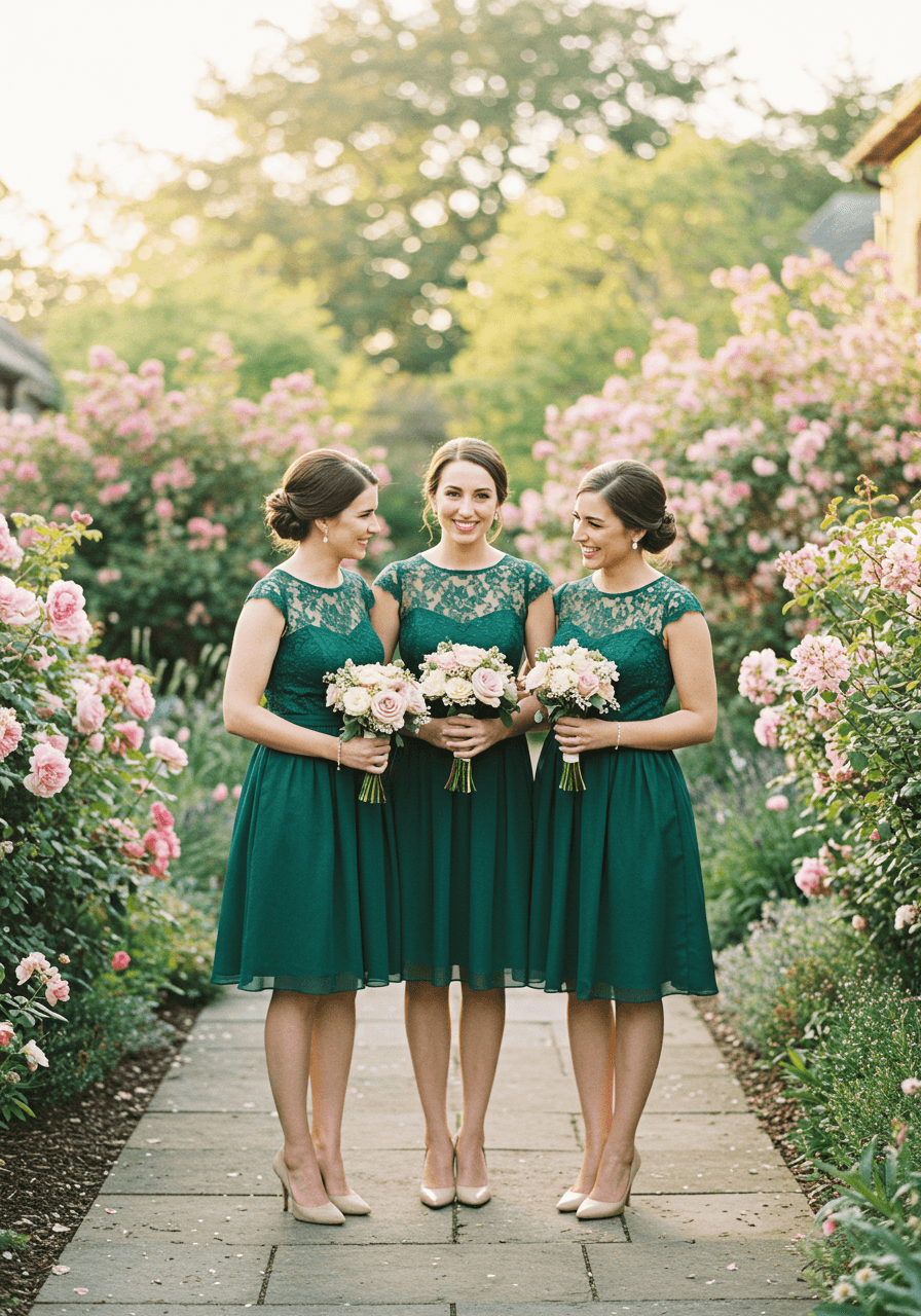 Bridesmaids in charming emerald green knee-length dresses with delicate lace details in garden setting