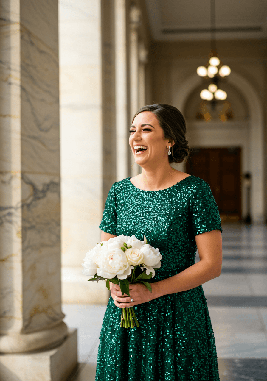 Bridesmaid in sequined emerald green gown holding lush peony bouquet during golden hour photography
