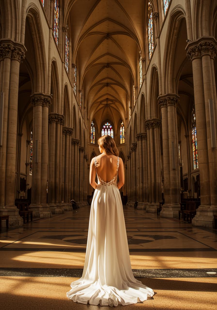 Cathedral bride in romantic backless jumpsuit with delicate lace spine detailing