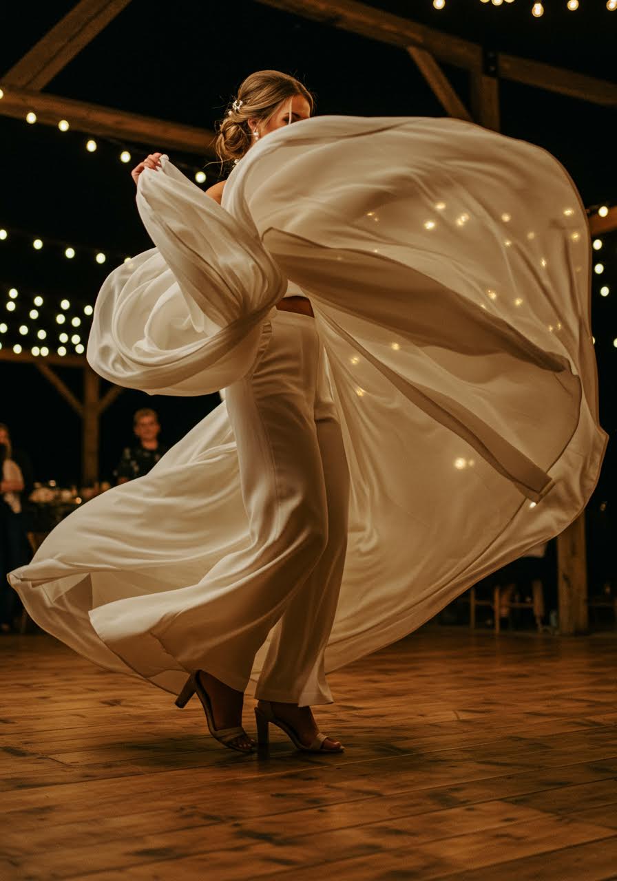 Rustic barn reception with bride in elegant cropped jumpsuit under warm lighting