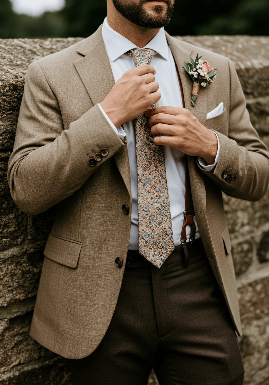 Groomsman straightening floral patterned tie while wearing tan blazer with brown trousers and leather suspenders against stone wall