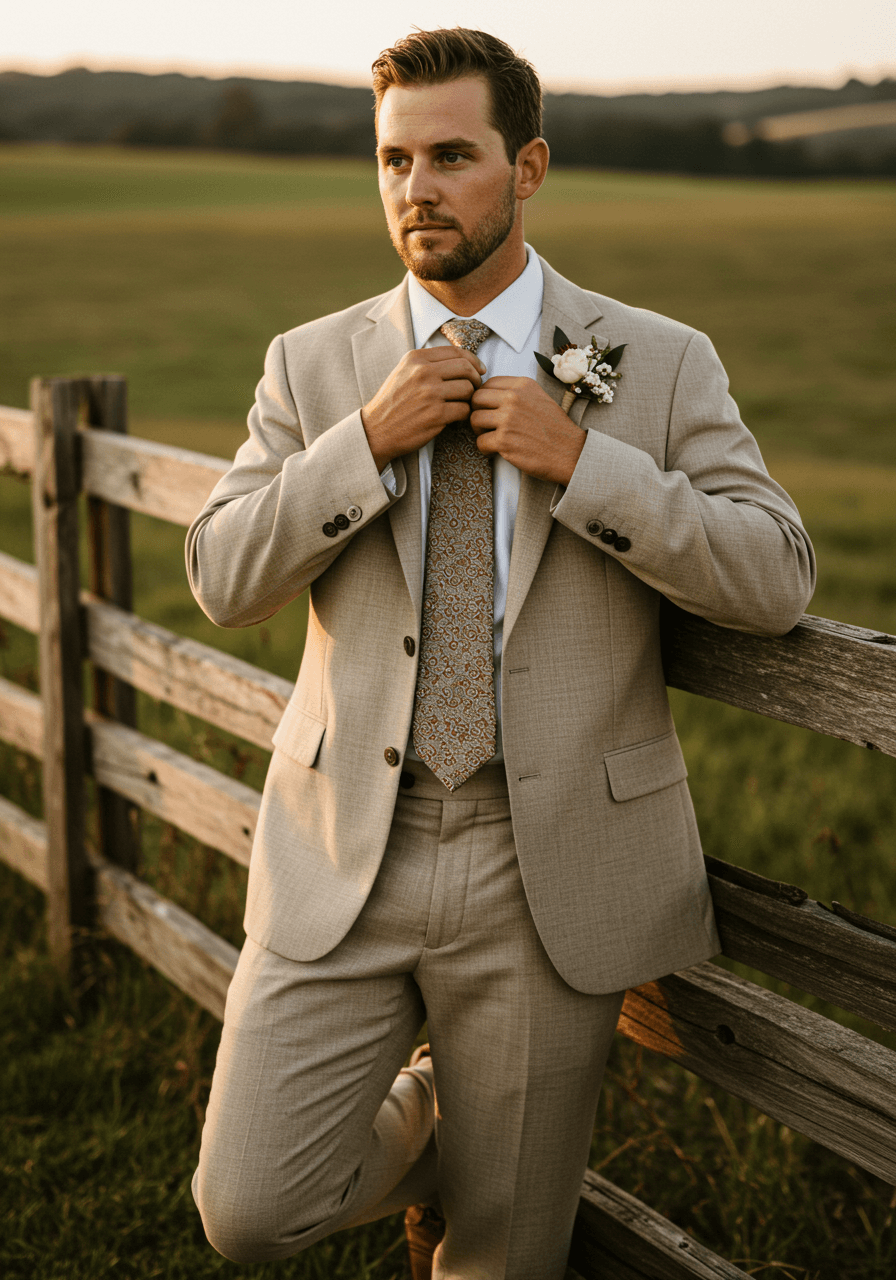 Groomsman straightening patterned tie while wearing tan linen suit with suspenders against rustic wooden fence