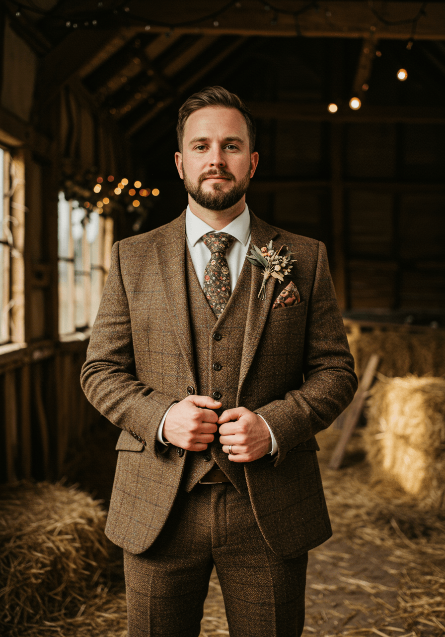 Groom standing confidently in rich brown tweed three-piece suit in rustic barn with exposed wooden beams during golden hour