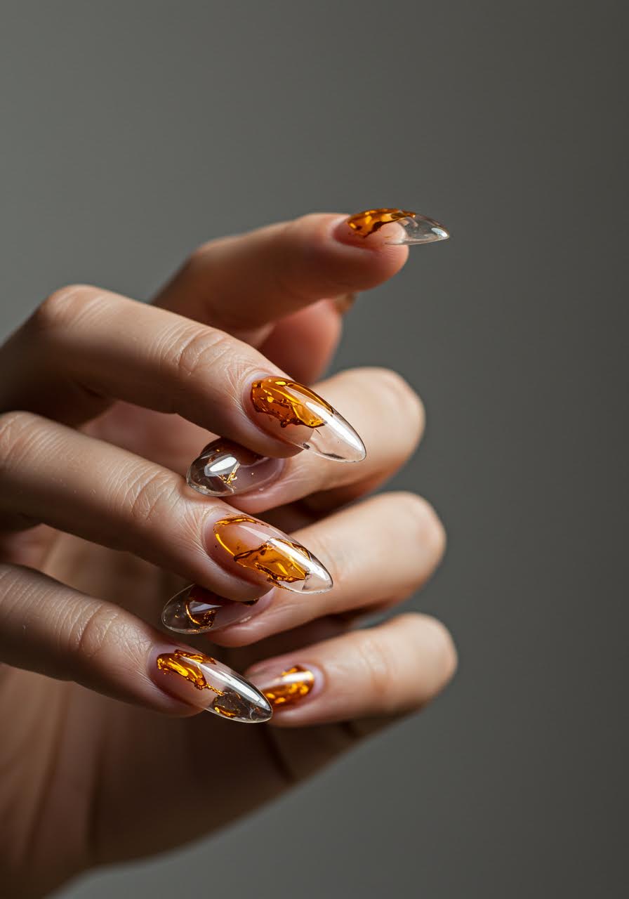 Translucent amber nails with glass-like finish and golden undertones