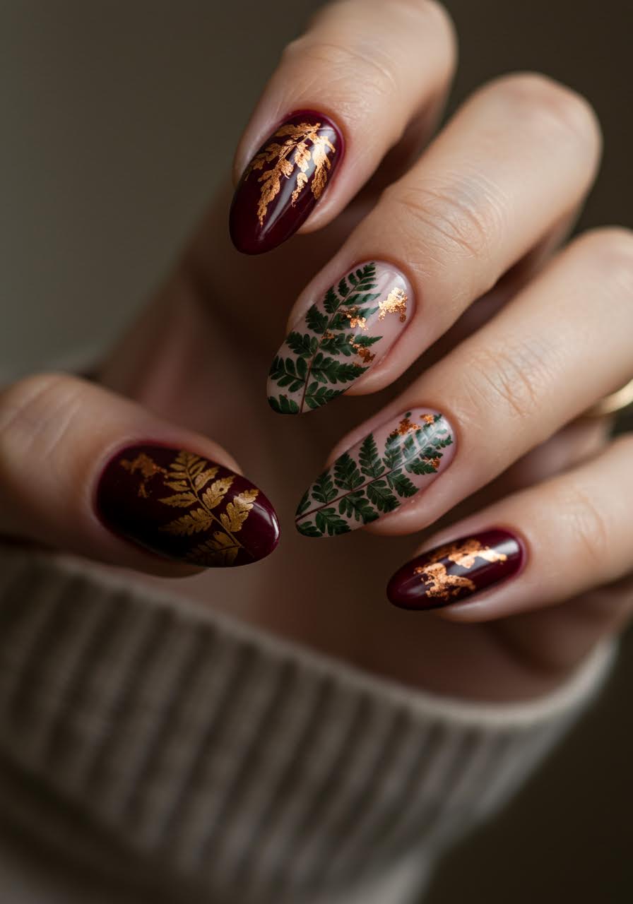 Burgundy nails with intricate autumn fern motifs and botanical line art