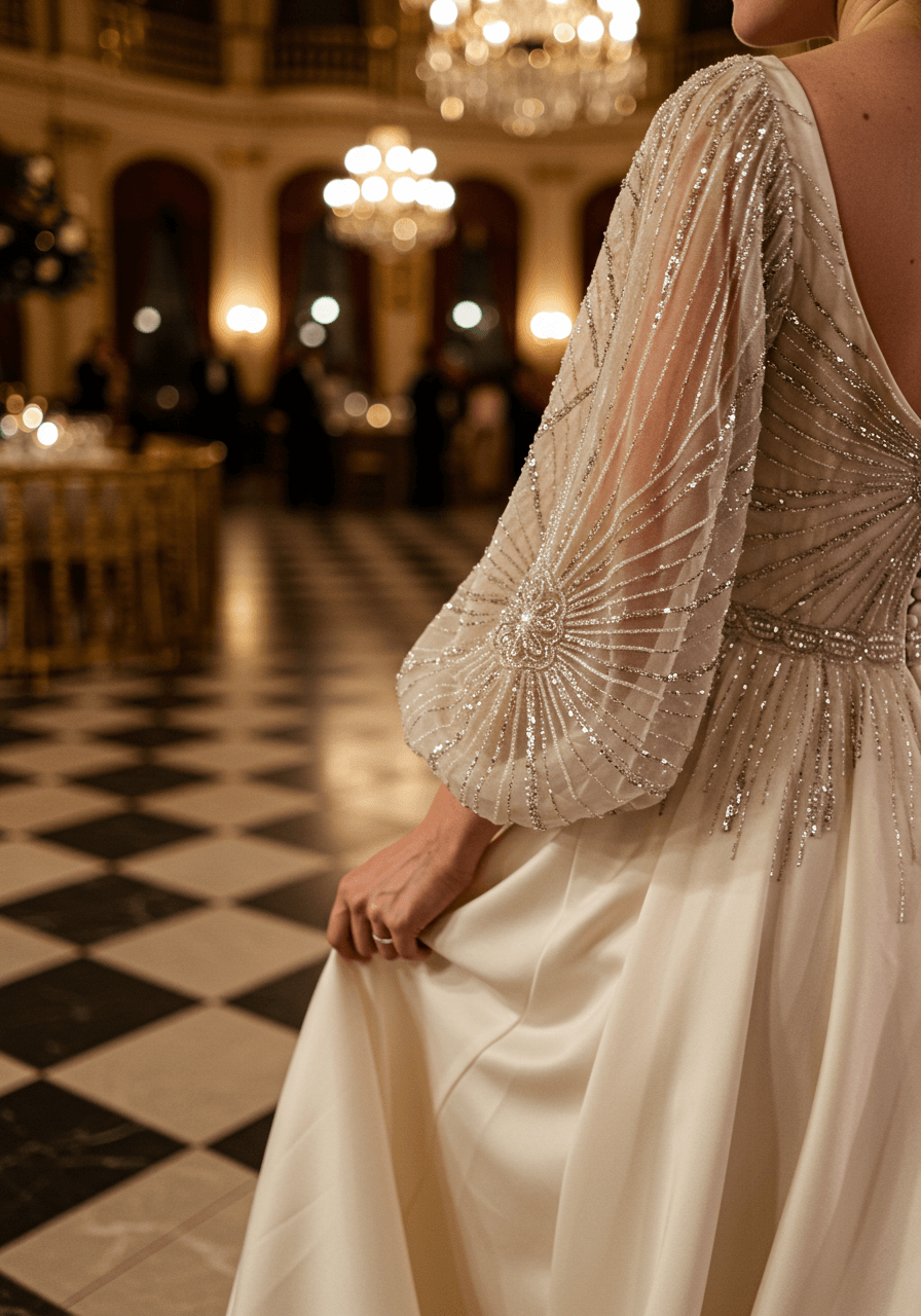 Bride in gentle movement displaying voluminous bishop sleeves with silver Art Deco sunburst beading in grand ballroom