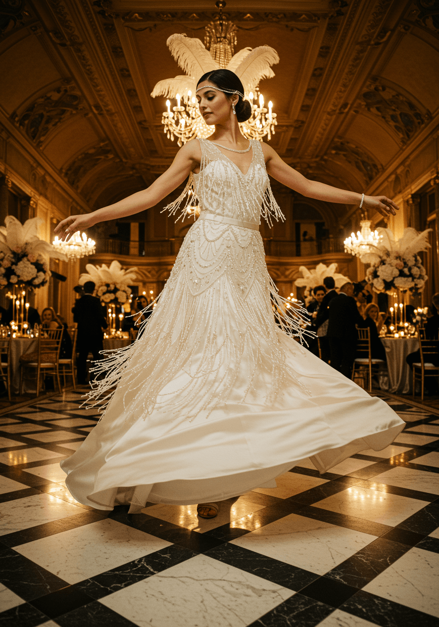 Bride in drop-waist wedding dress with cascading beaded fringe dancing in grand Art Deco ballroom with golden lighting