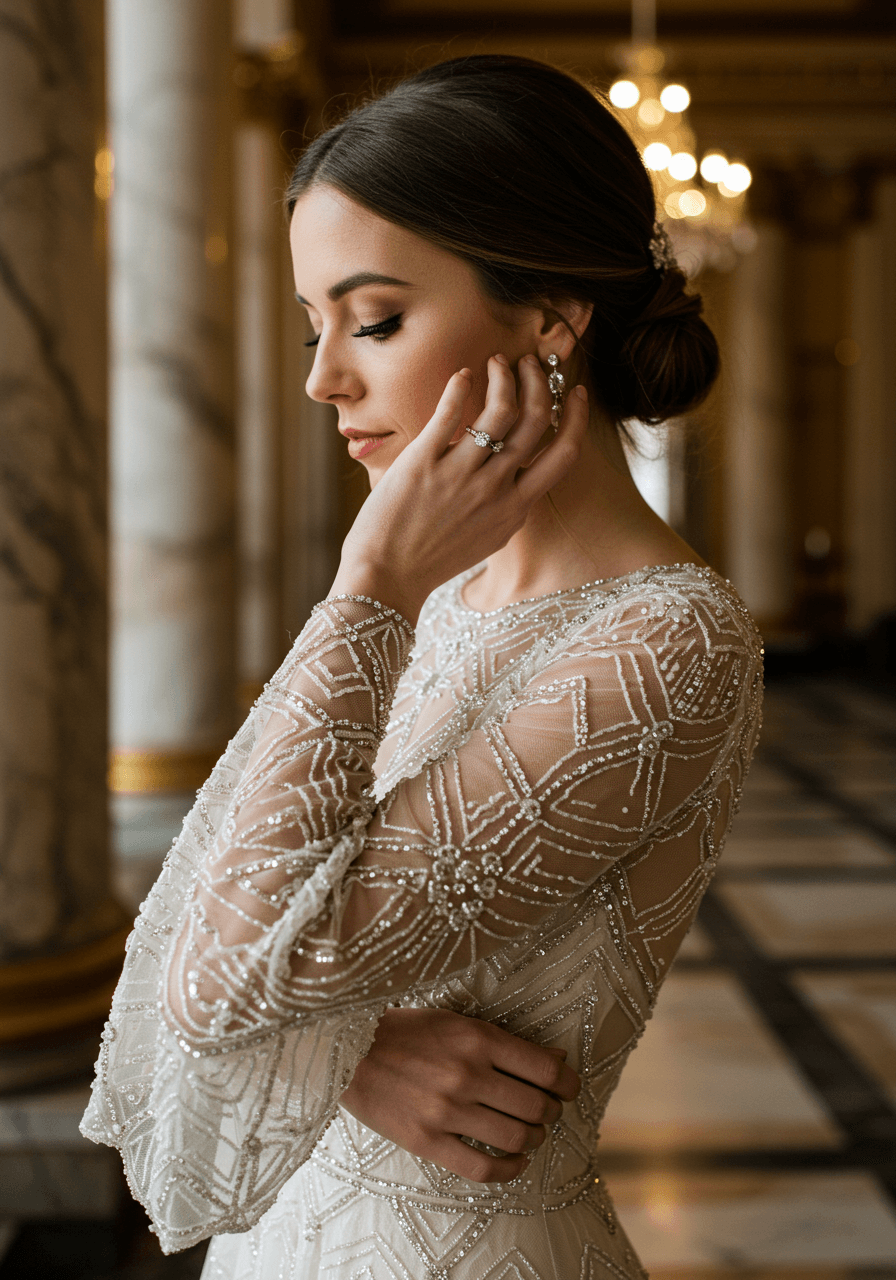 Bride showcasing statement bell sleeves with Art Deco sunburst beadwork in luxurious 1920s ballroom setting